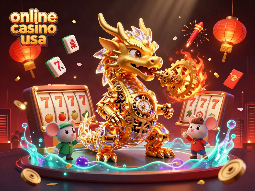 Engage with the exciting world of online casino usa with a golden dragon breathing gears and cogs.