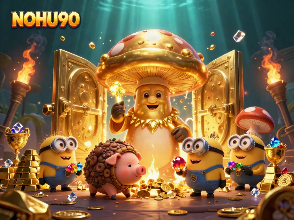 Win big with NOHU90 in this vibrant, gold-filled casino adventure scene.