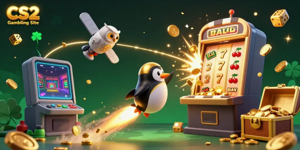 Experience epic gaming with CS2 Gambling Site, featuring a vibrant penguin heading toward a jackpot.