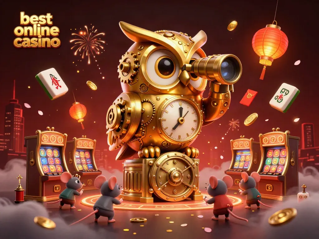 Experience the best online casino atmosphere with a whimsical golden owl overseeing mouse patrons among rich casino elements.