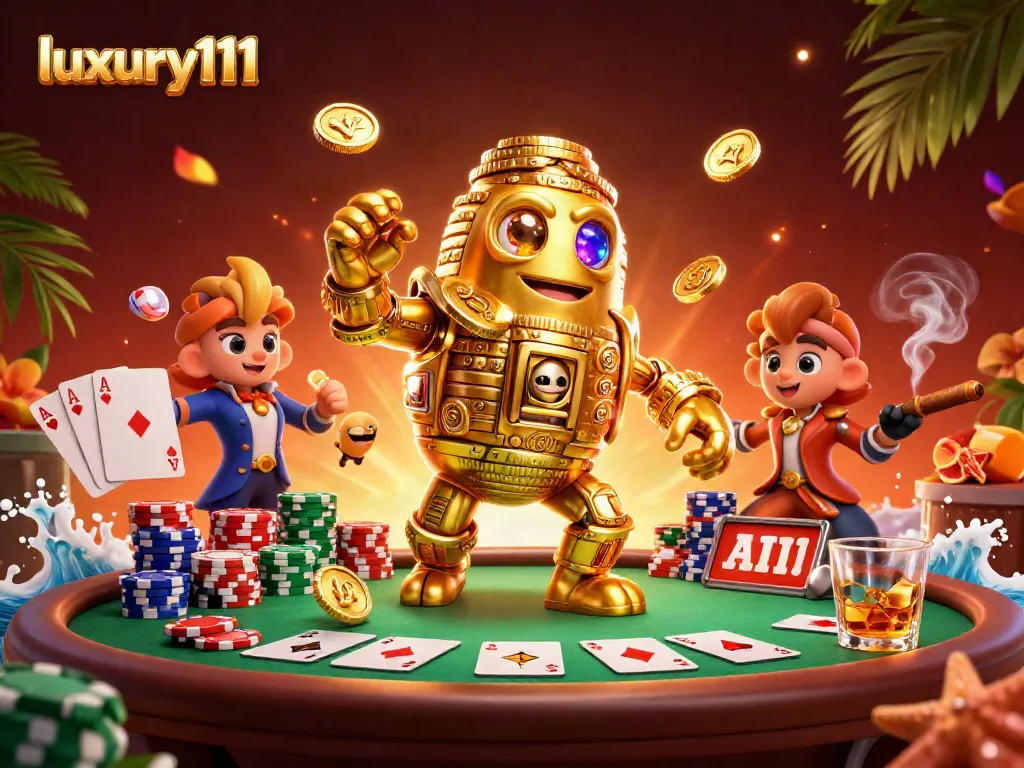 Engage in luxury111 gaming with an animated golden golem, poker elements, and vibrant casino atmosphere.