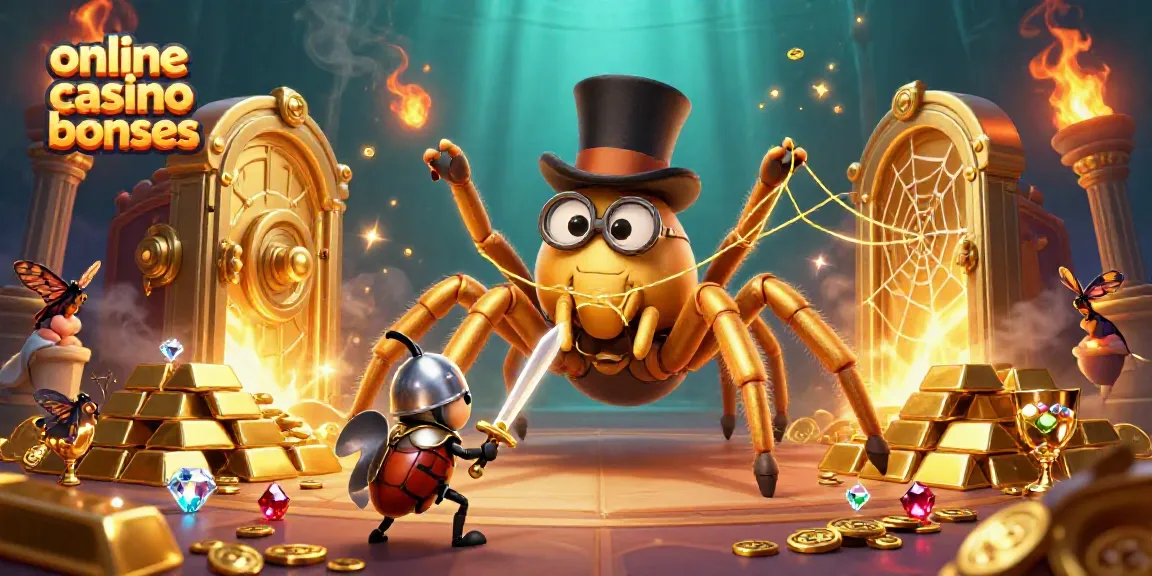 Engaging scene depicting online casino bonuses with a cartoon tarantula and beetle knight surrounded by treasure.