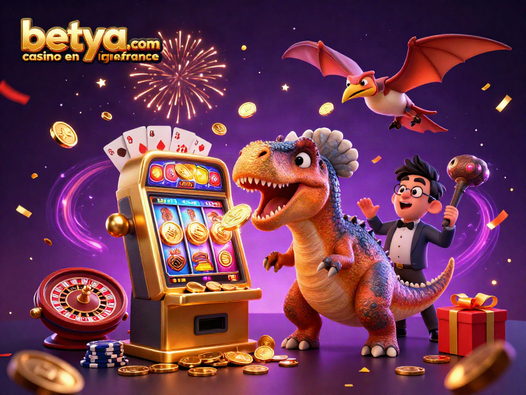 Experience excitement at betya.com casino en ligne france with a cartoon dinosaur winning jackpots in a vibrant scene.