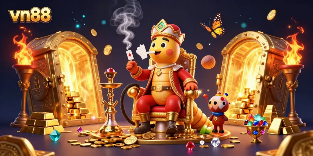 Experience the vibrant world of vn88 with a whimsical, 3D-rendered casino scene featuring a caterpillar hookah-master and treasure elements.