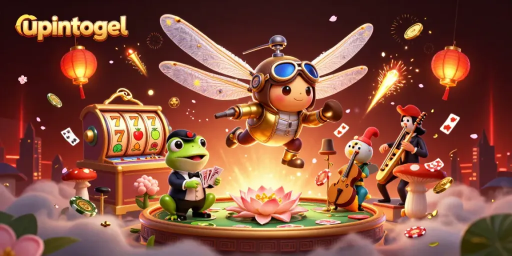Ilustrasi 3D upintogel menampilkan pilot capung berkacamata dan dealer kata di kasino, dikelilingi simbol permainan.