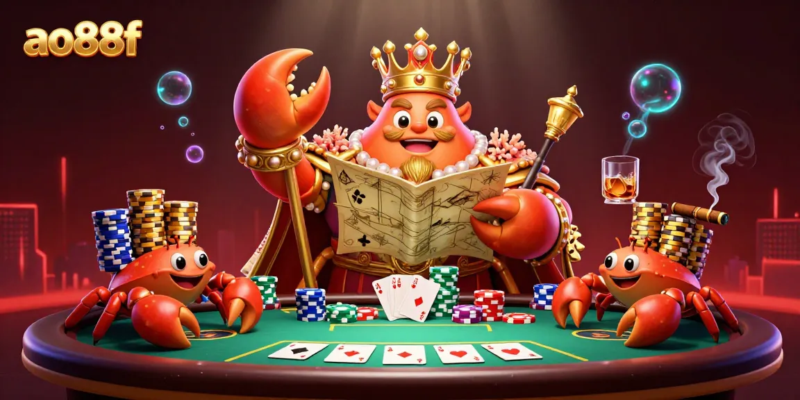 Join the game at ao88f, where a golden crab emperor rules over a vibrant poker scene.