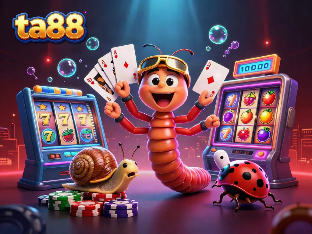 Engage in thrilling ta88 gaming with a vibrant 3D casino scene featuring a millipede dealer, high-roller snail, and winning stakes.