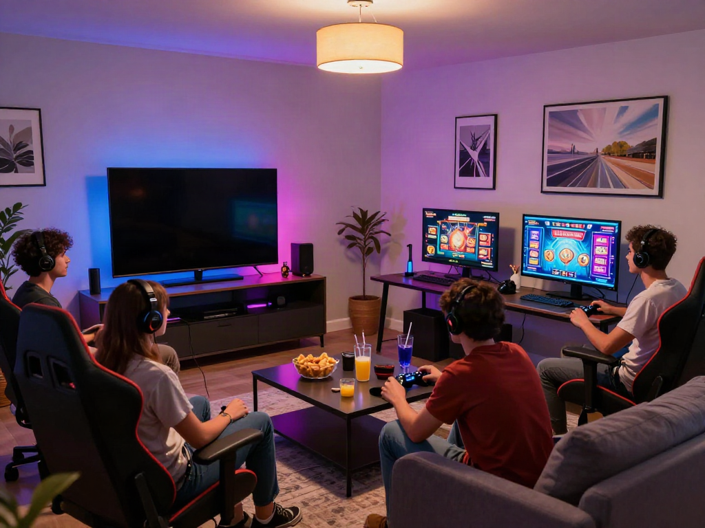 Akunjp online gaming gathering with friends in a vibrant living room setup.