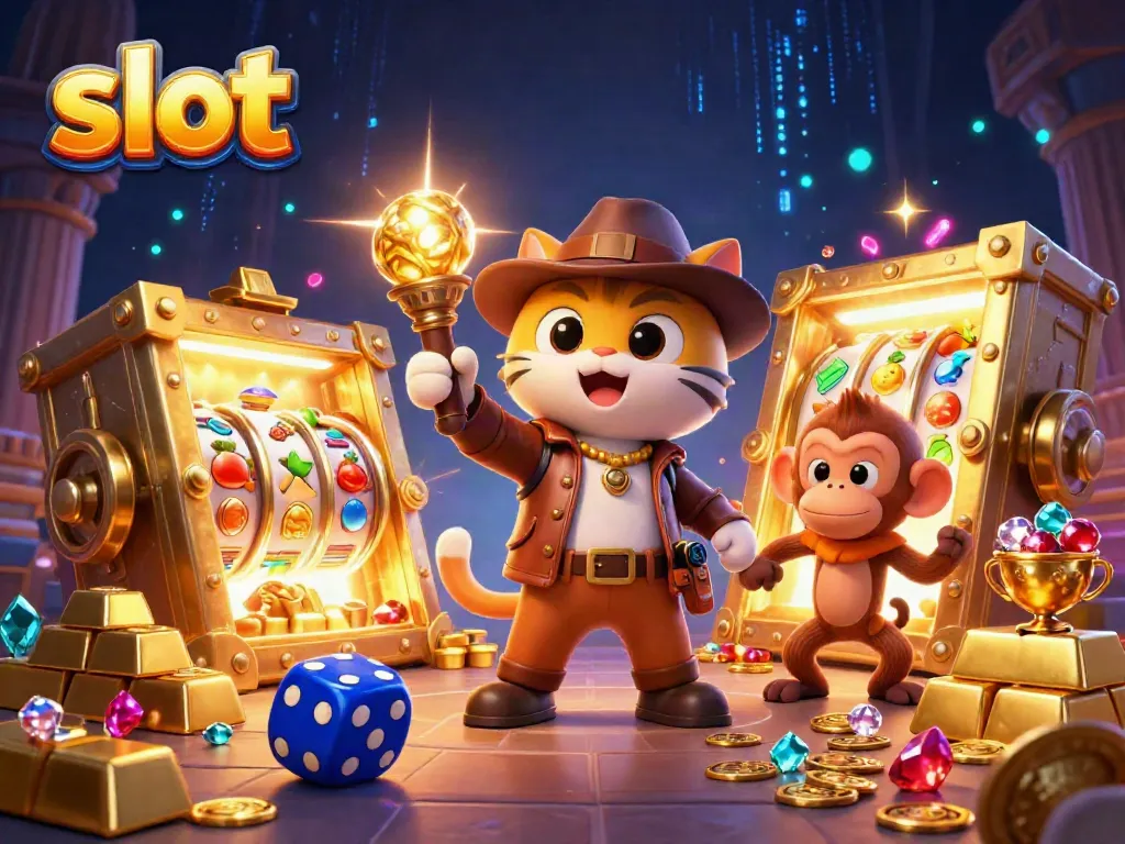 Engage in the excitement of slot play with a vibrant 3D cartoon scene featuring an archaeologist cat with its monkey companion amidst treasures and slot machine elements.