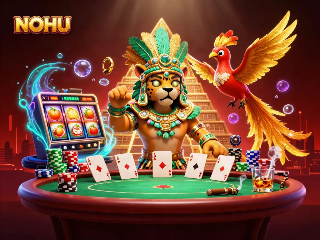 Engage in thrilling NOHU gaming adventures with a vibrant 3D illustration of a jaguar priest and jackpot machines.