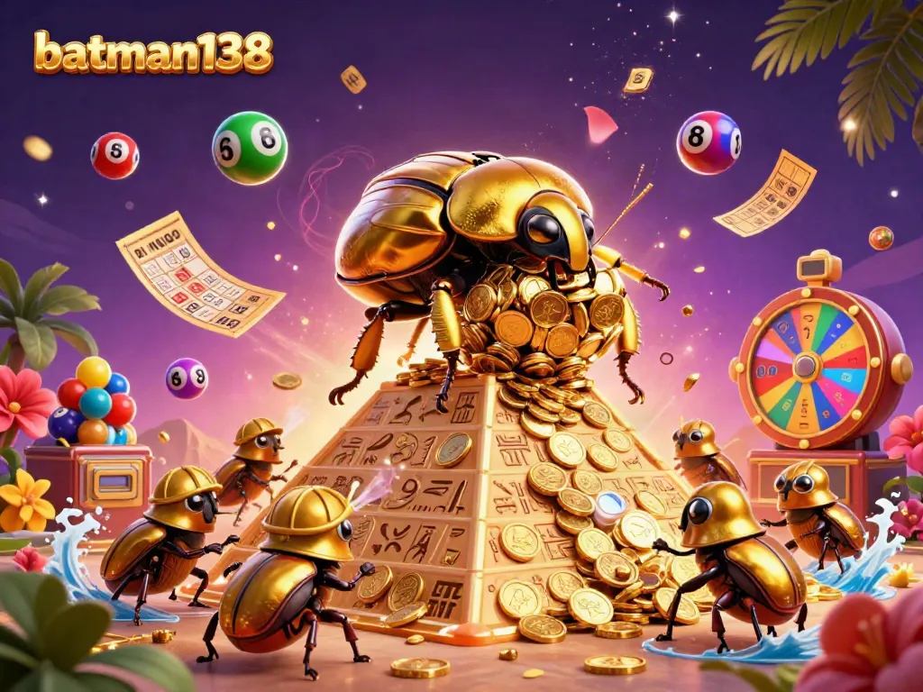 Experience the vibrant gaming world of batman138 with a dynamic 3D illustration featuring a golden beetle rolling coins and lively casino elements.