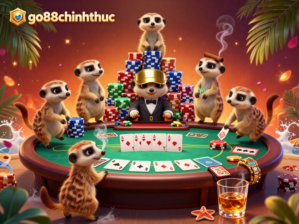 Experience go88chinhthuc with meerkats managing an exciting casino scene filled with poker elements.
