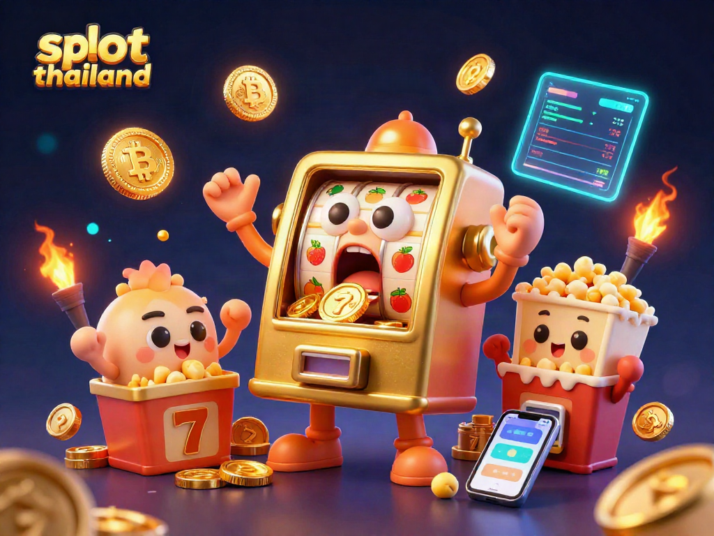 Experience the excitement of slot thailand with a lively golden slot machine hitting a jackpot, surrounded by cheering companions.