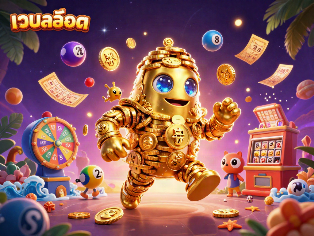 Experience thrilling เว็บสล็อต action with a golden golem, colorful lotto balls, and dynamic prize elements.