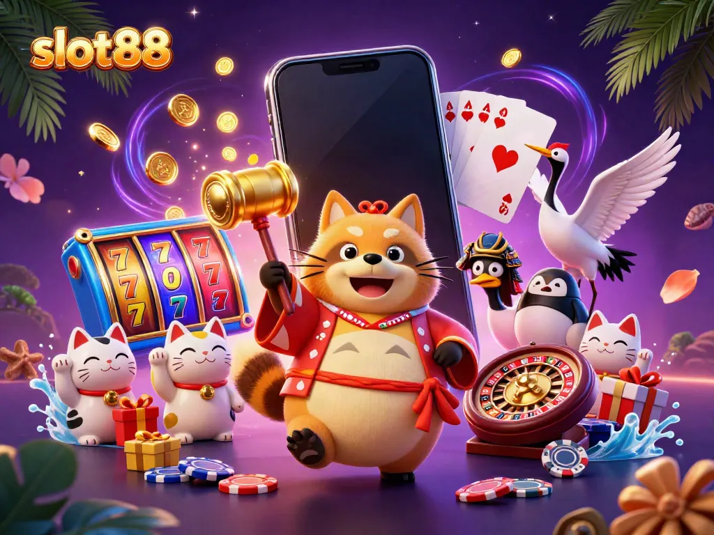 Experience slot88 as a cheerful tanuki celebrates with slot games and fortune cats in vibrant 3D illustration.