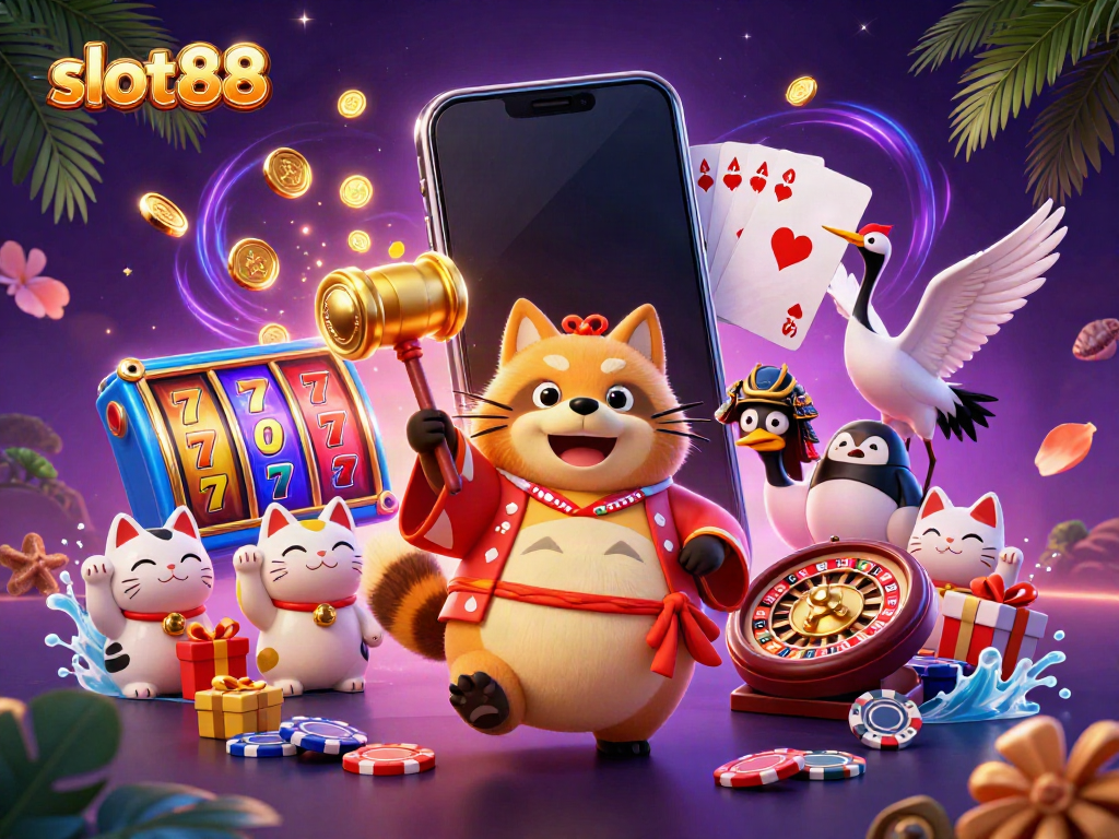 Experience slot88 as a cheerful tanuki celebrates with slot games and fortune cats in vibrant 3D illustration.