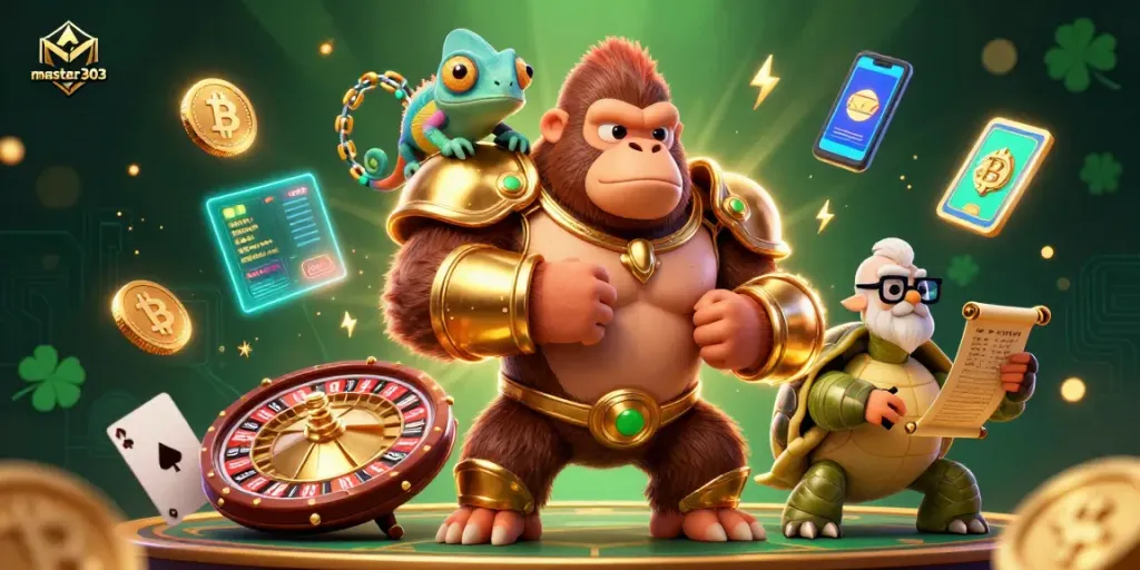 Master303 menampilkan gorila raja yang kuat dan cangkang kartu permainan yang menarik dalam ilustrasi 3D