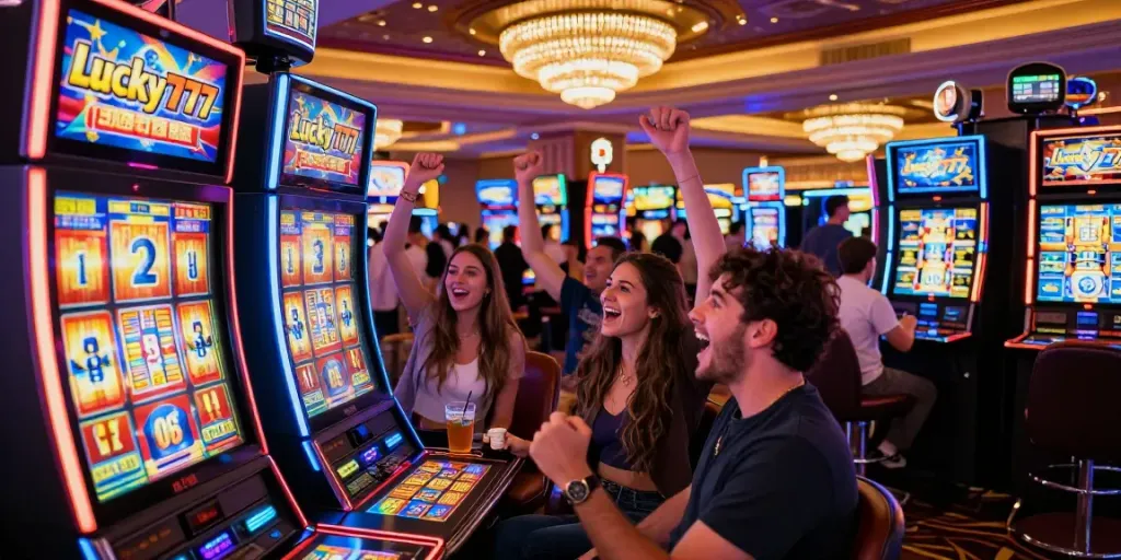 Excited friends playing Lucky777 slot machines in a vibrant casino.