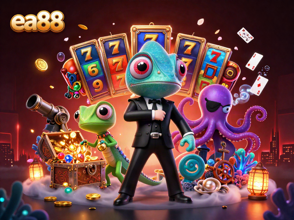 Engage with ea88 slots through vibrant chameleon and quirky gecko amid casino chaos.