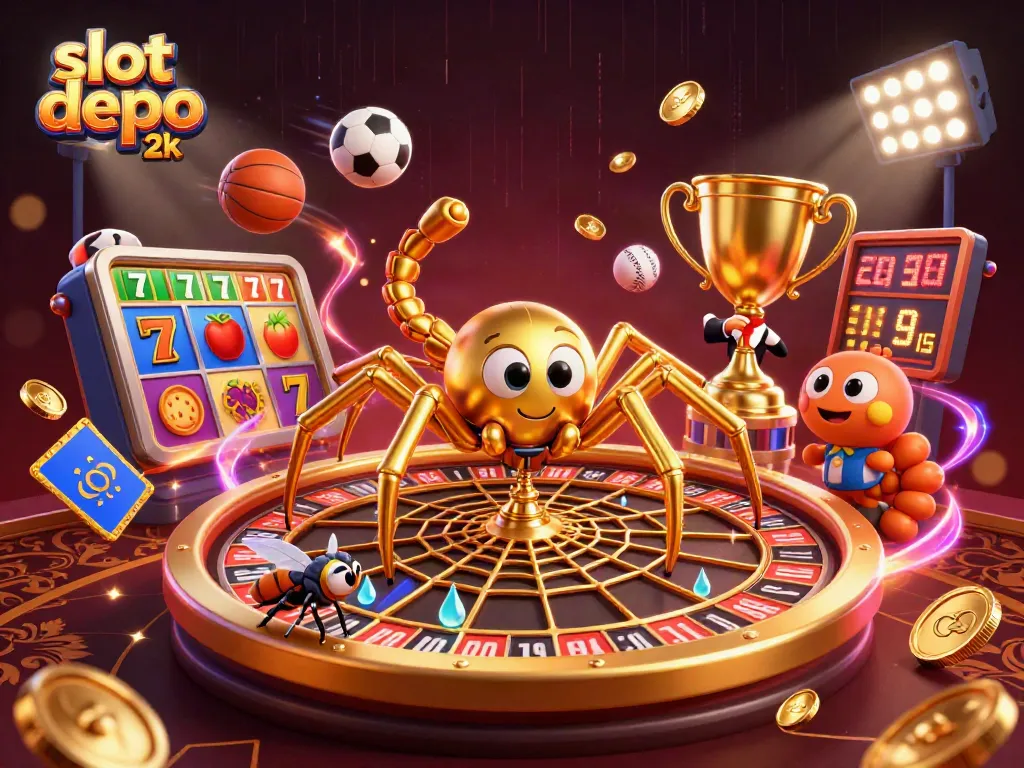Spin and win at slot depo 2k with a dynamic illustration of a golden spider roulette web and animated characters.