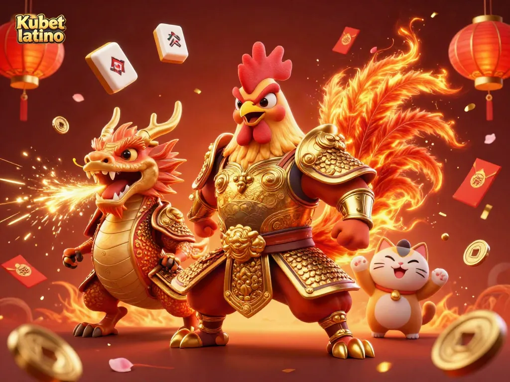 Kubet latino showcases an exciting scene with a samurai rooster warrior, dragon hatchling, and fortune cat amid dynamic casino elements.