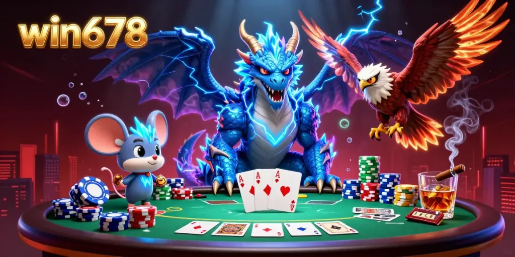 Engage in thrilling gameplay at win678 with a powerful thunder dragon and poker elements.