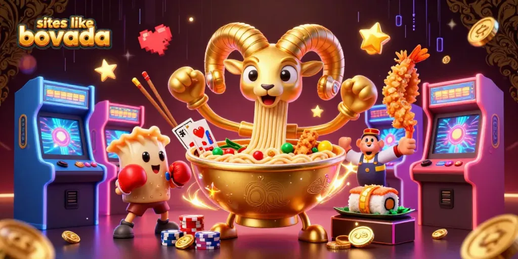 Engage with sites like Bovada through a vibrant casino-themed illustration featuring cartoon characters.