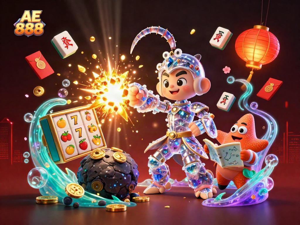 A galactic samurai mantis shrimp and starfish explore an explosive casino adventure at AE 888.