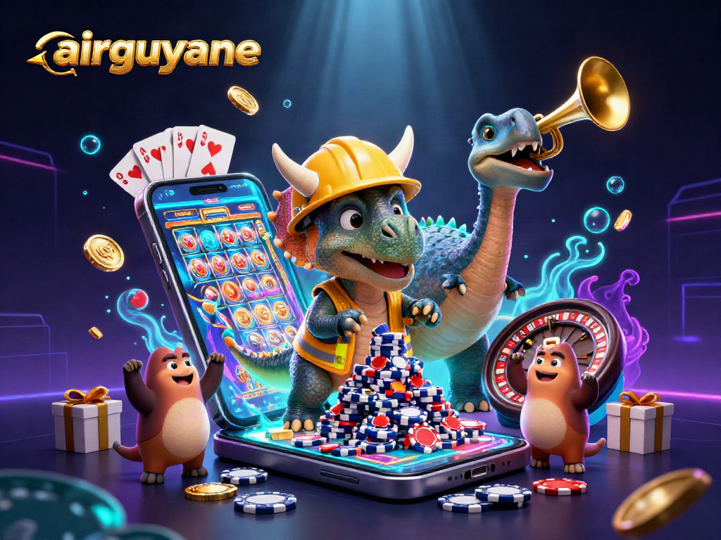 airguyane creates excitement with 3D triceratops building poker chip tower in a vibrant casino scene