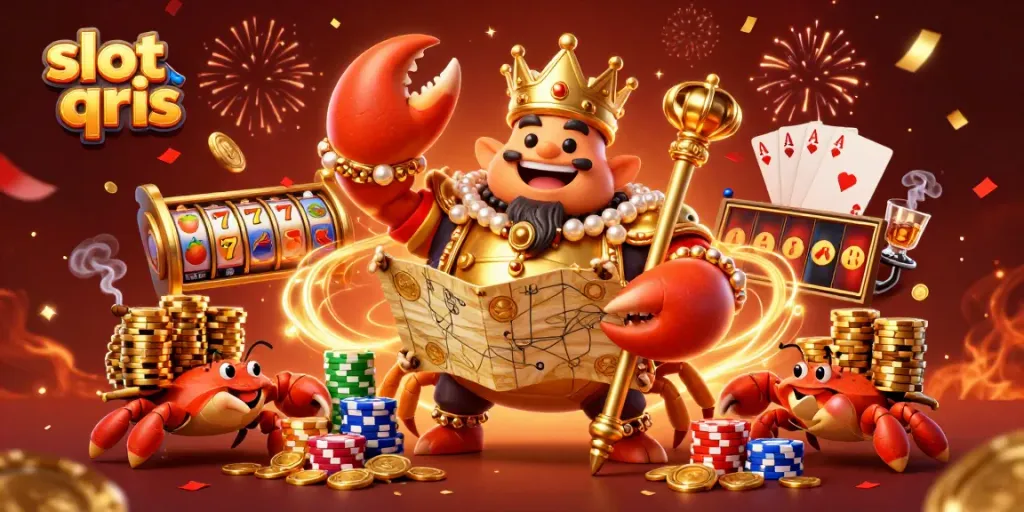 Experience thrilling slot qris adventures with a majestic crab emperor surrounded by vibrant casino elements, showcasing excitement.