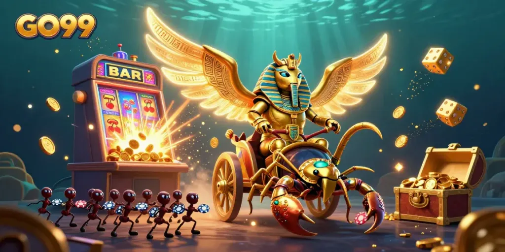 Experience immersive gameplay with GO99 as a golden beetle guides you through a spectacular casino world.