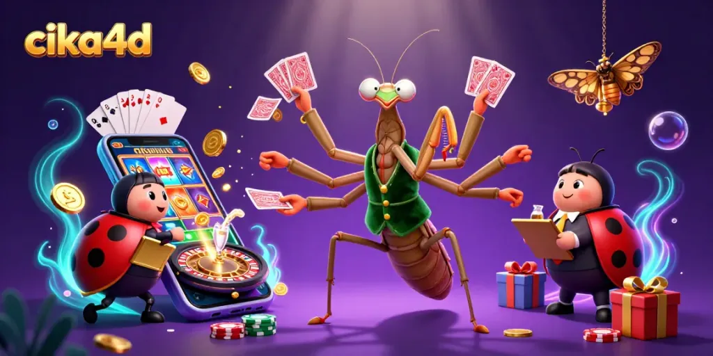 Experience the thrill of cika4d with a vibrant 3D casino illustration featuring a card sharp and dynamic gaming elements.