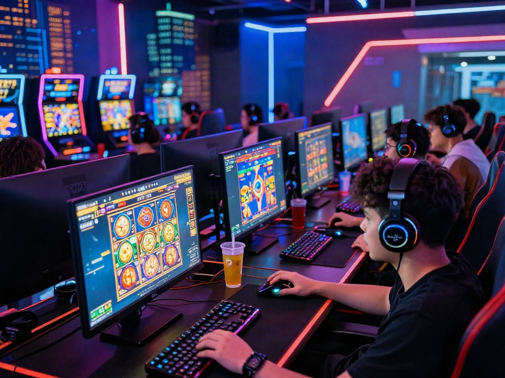 Excited gamers actively playing bandar slot games in a vibrant online casino environment.