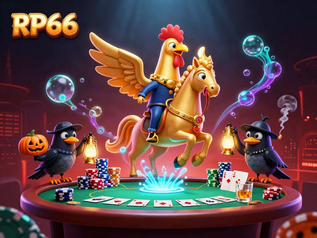 RP66 invites gamers into a vibrant casino scene with a golden rooster headless horseman and pumpkin-headed crows, showcasing poker elements.