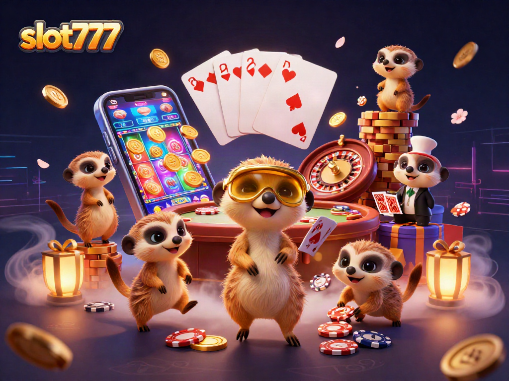Experience thrilling action at slot777 with playful meerkats cashing in and spinning reels in a vibrant casino