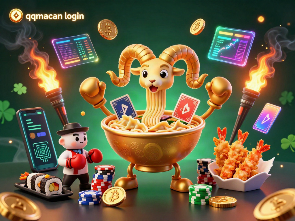 Engage in the thrill of qqmacan login with a vibrant casino scene featuring 3D characters and crypto elements.
