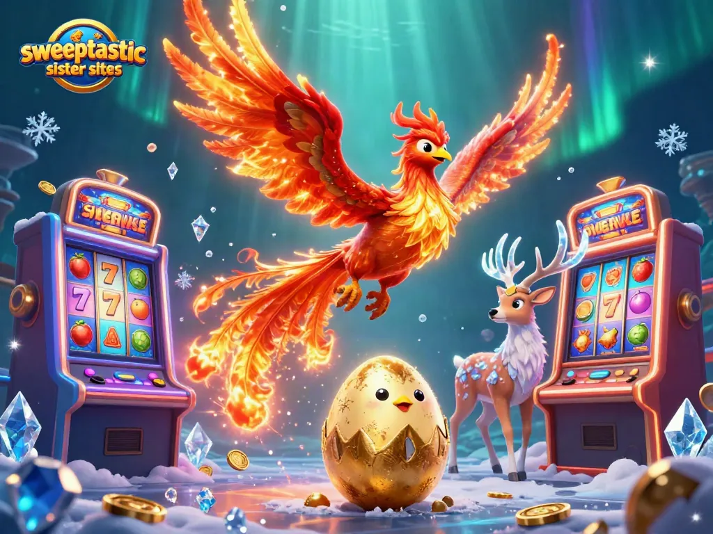 Sweeptastic sister sites introduce thrilling slot rewards featuring a fire phoenix and casino elements.
