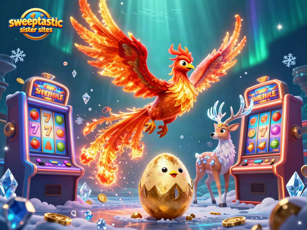 Sweeptastic sister sites introduce thrilling slot rewards featuring a fire phoenix and casino elements.
