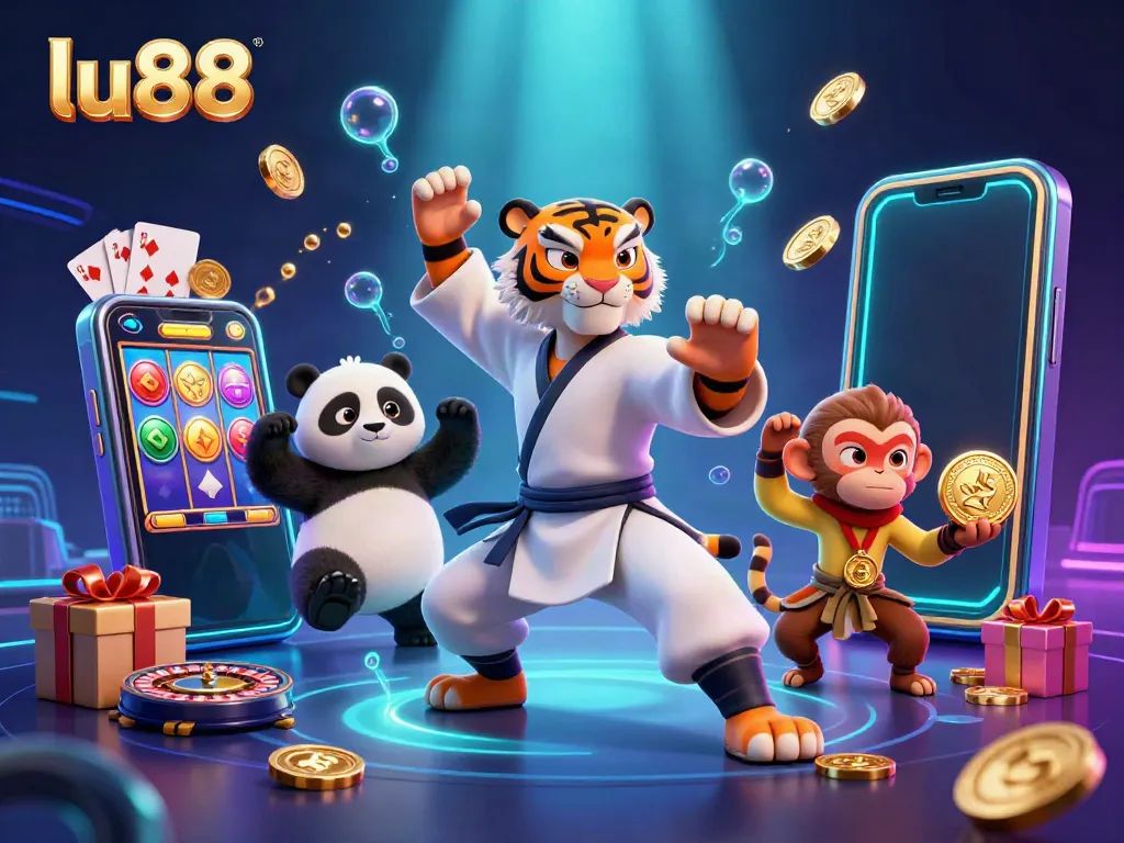 Play thrilling slots at lu88 while enjoying entertaining cartoon characters in a vibrant scene.
