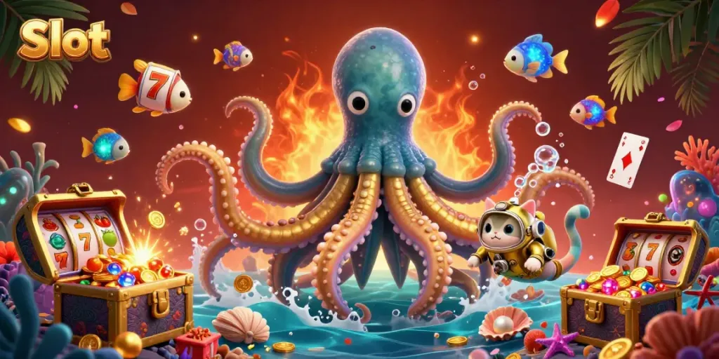 Engage with thrilling Slot adventures alongside a kraken and diving cat amidst a treasure-filled ocean.