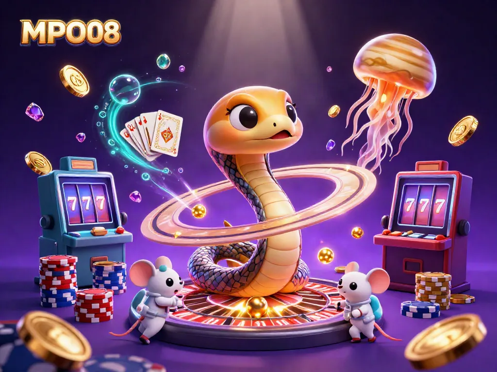 Bet on MPO08 with cartoon snakes and cosmic dealers in a vibrant 3D casino scene.