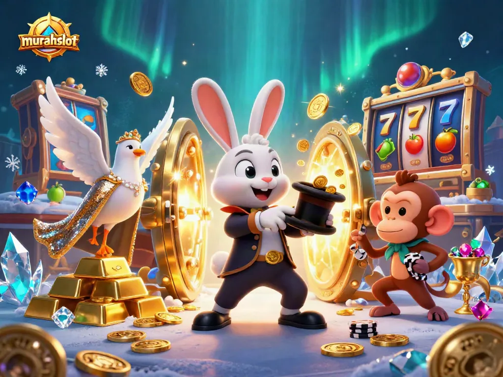 Memainkan murahslot dengan bunny magician menarik koin emas dari topi, di tengah harta karun berkilau.