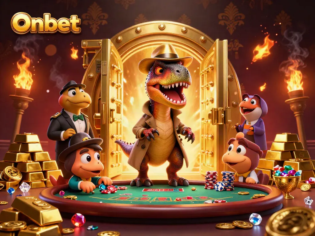 Onbet brings excitement with a velociraptor card counter and stegosaurus pit boss in a vibrant casino scene.