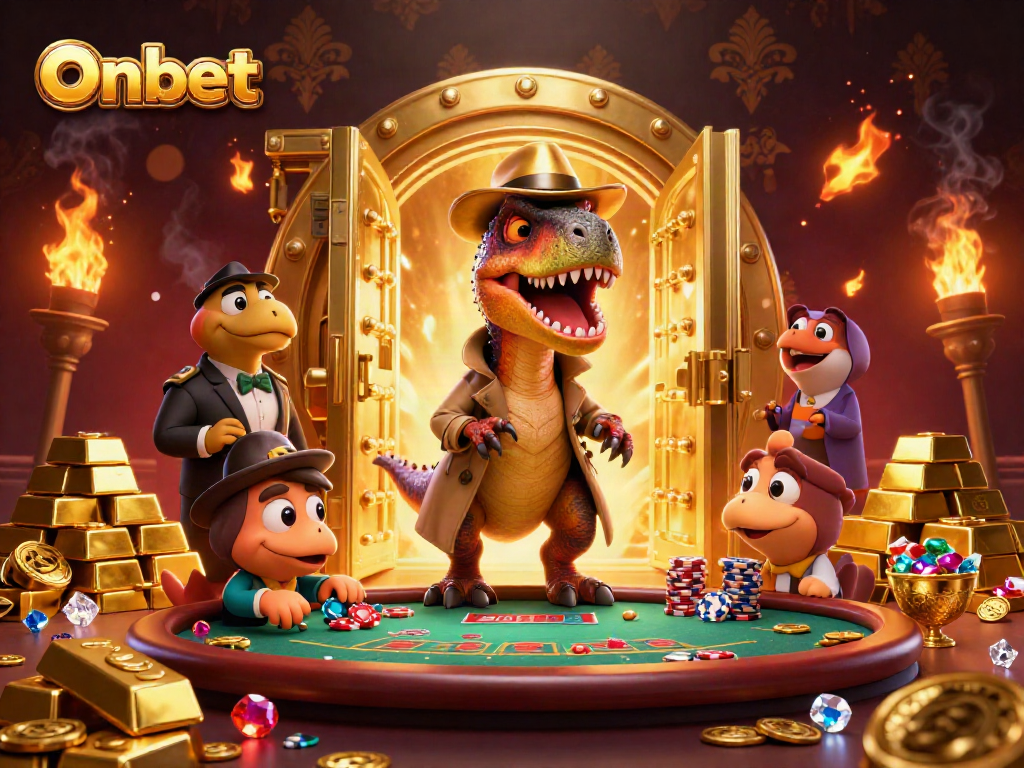 Onbet brings excitement with a velociraptor card counter and stegosaurus pit boss in a vibrant casino scene.
