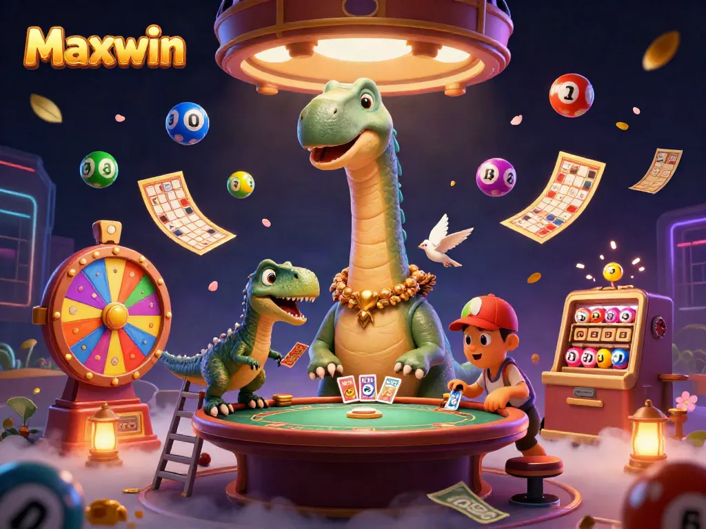 Engaging Maxwin-themed illustration showcasing vibrant colors and casino elements including lottery balls and a playful brontosaurus.