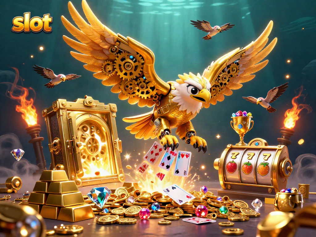 Experience thrilling slot action with a cybernetic golden eagle in a vibrant casino scene filled with treasures.