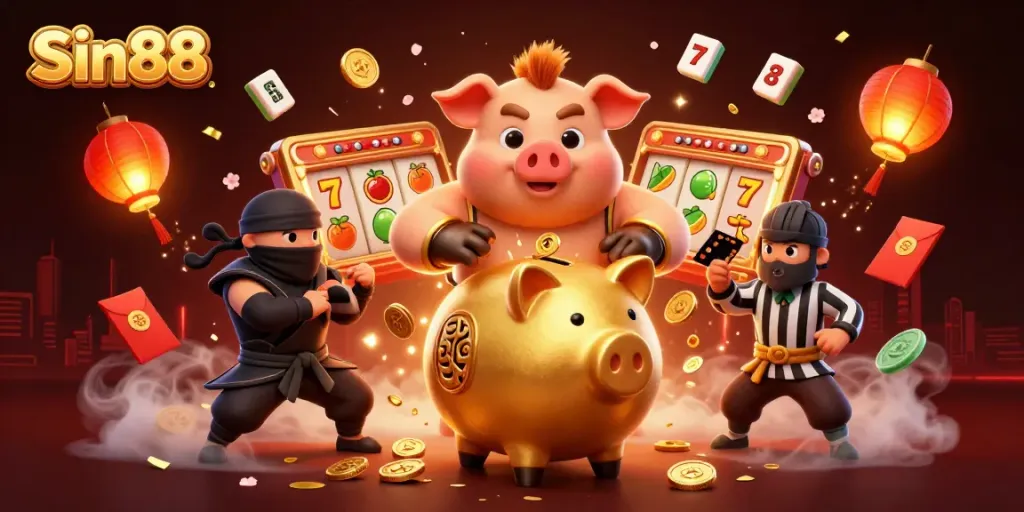 Engage with Sin88's vibrant 3D casino scene featuring dynamic characters and rich gambling elements.