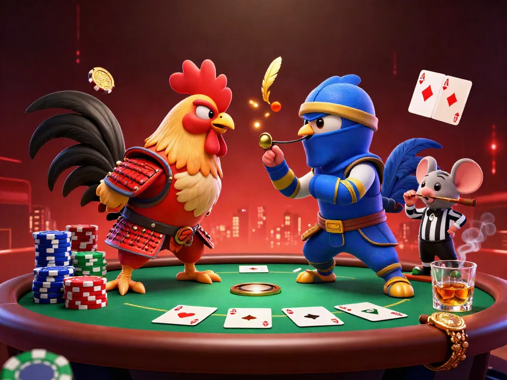 Experience thrilling poker action with fabet, featuring roosters in combat and vibrant casino elements.