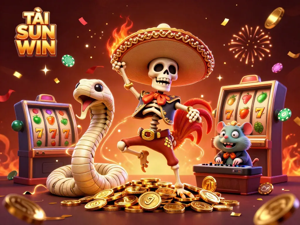 TẢI SUN WIN features lively characters celebrating with slot machines and golden coins in a vibrant casino.